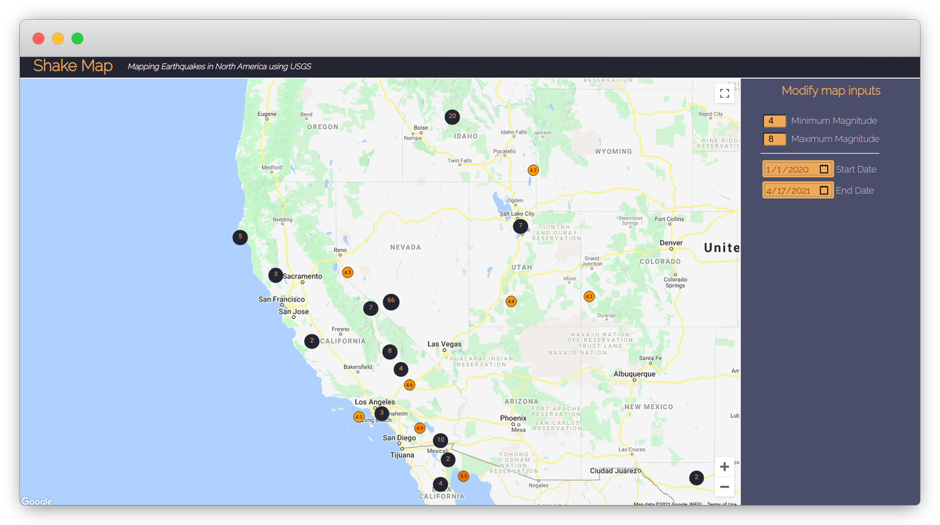 screenshot of Shake map web app